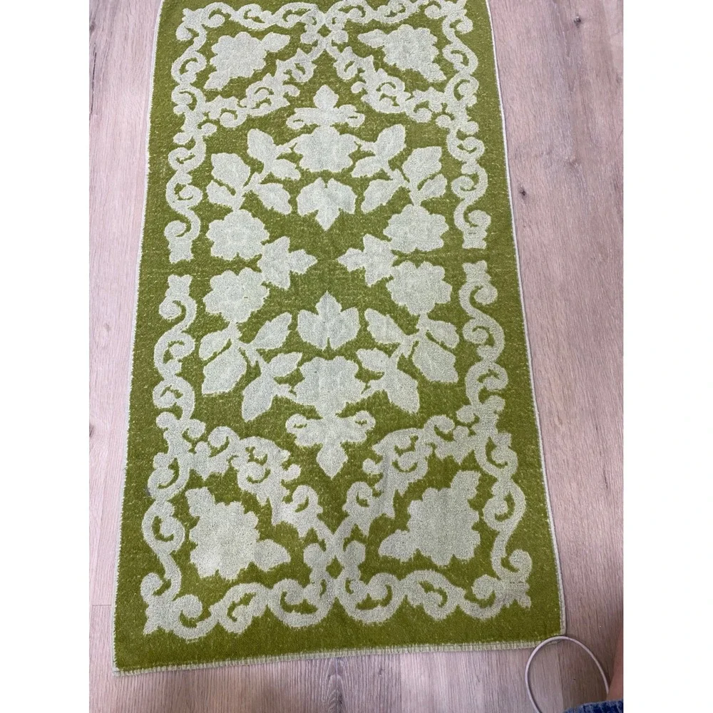 Vintage Avocado Green Damask Floral Cotton Terry Cloth Towel Retro MCM Boho